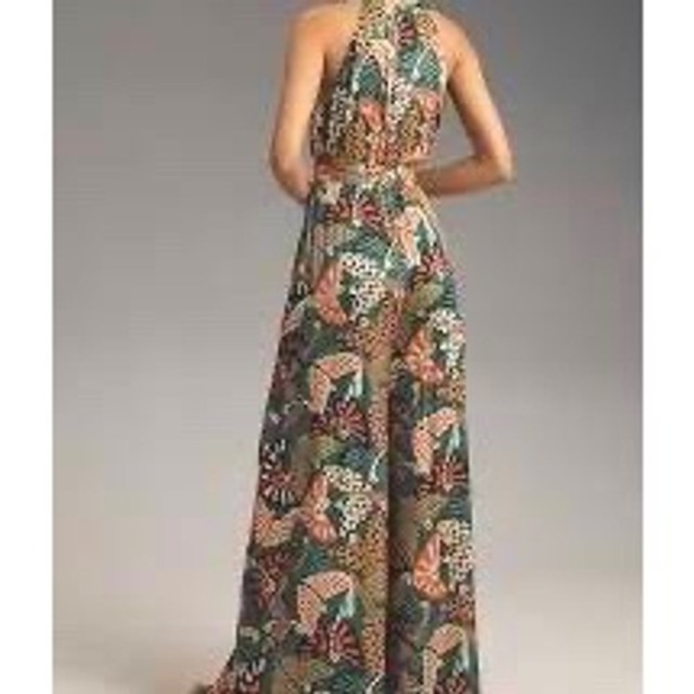 FARM Rio Jumpsuit Green Tropical Butterfly Halter Wide Leg Anthropologie L - Picture 10 of 10
